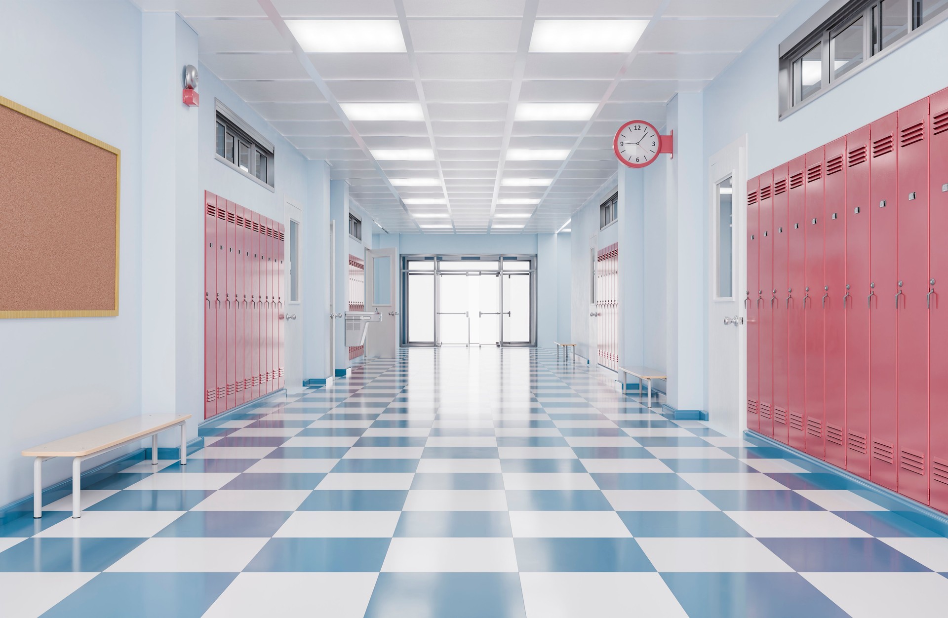 Empty School Hallway with Red Lockers and Checkered Floor