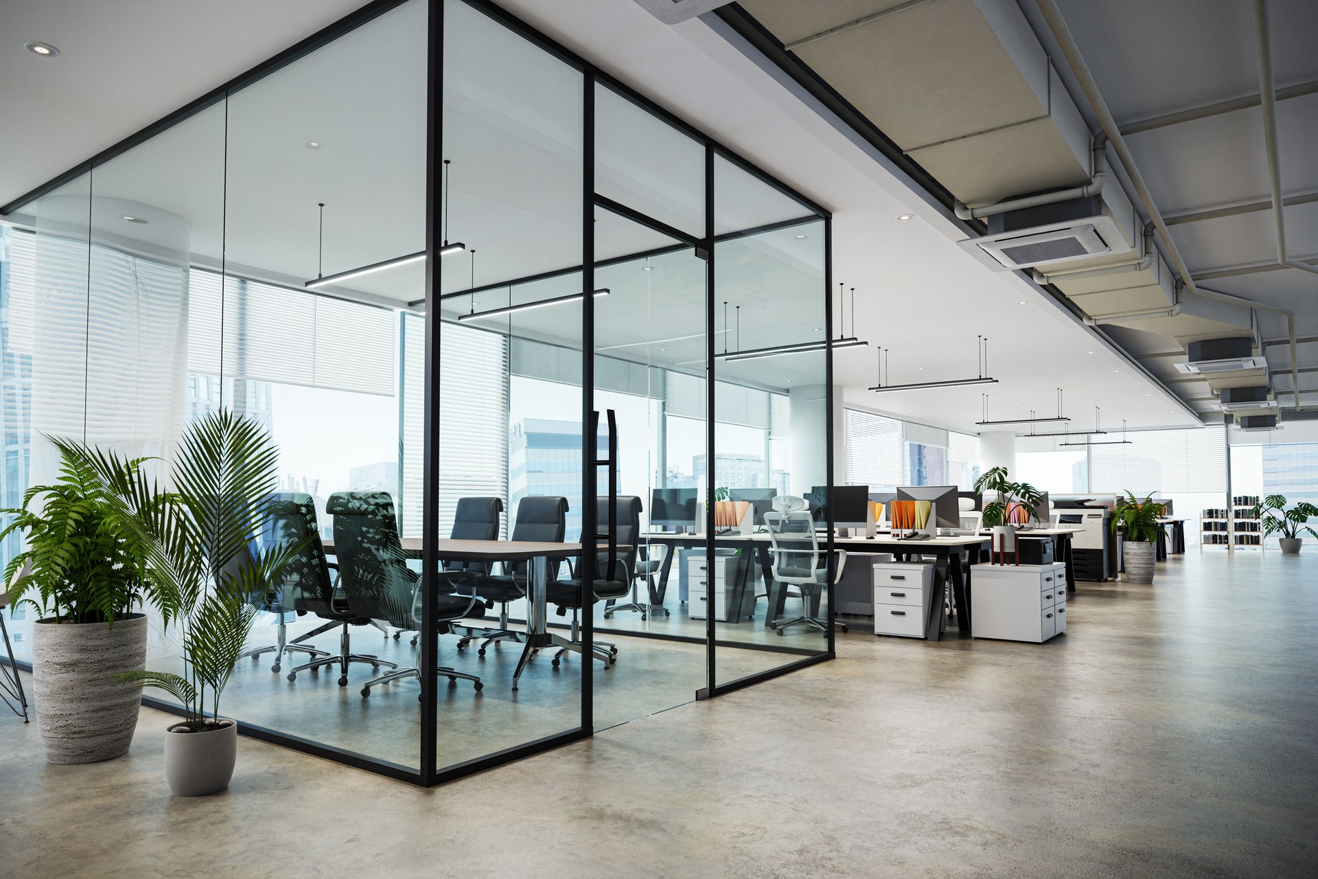 commercial white color theme modern style office with exposed concrete floor and a lot of plant