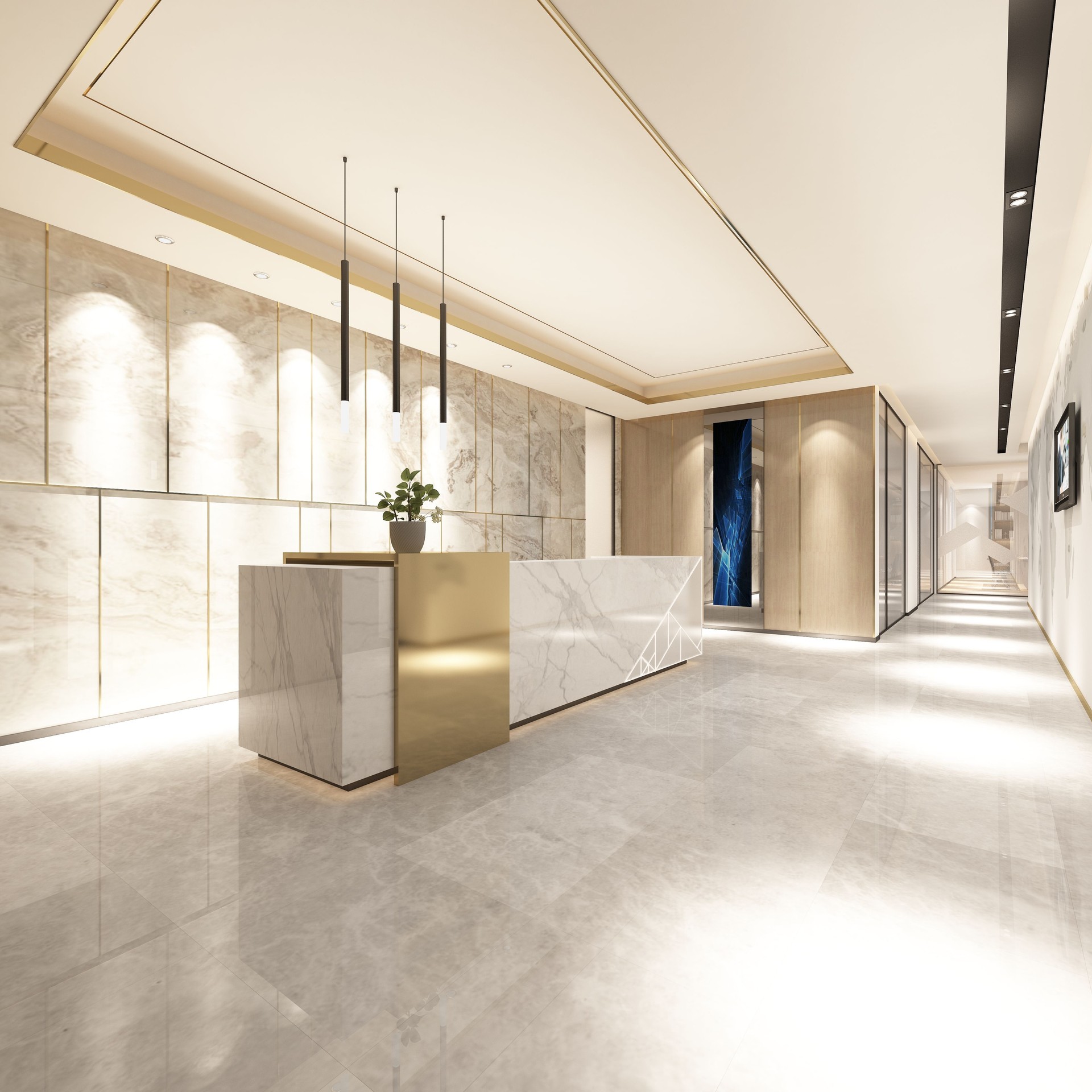 luxury hotel reception and lobby, marble ceramic flooring 